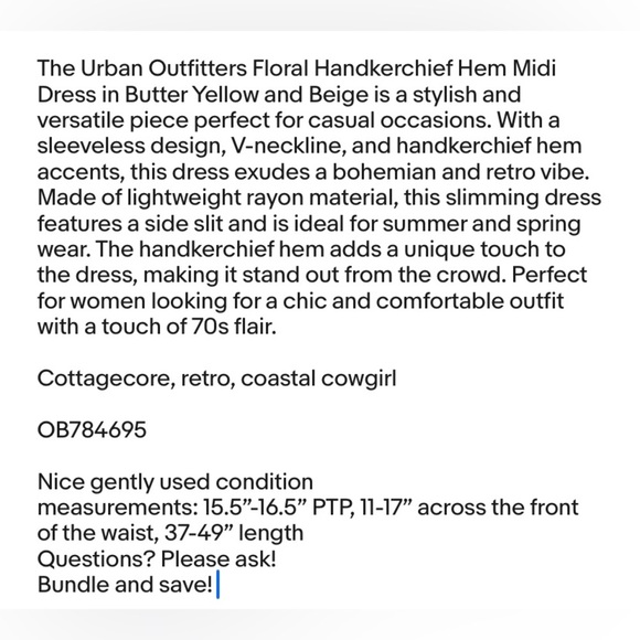 Urban Outfitters Floral Handkerchief Hem Midi Dress Butter Yellow Beige XS NWT - Picture 4 of 16